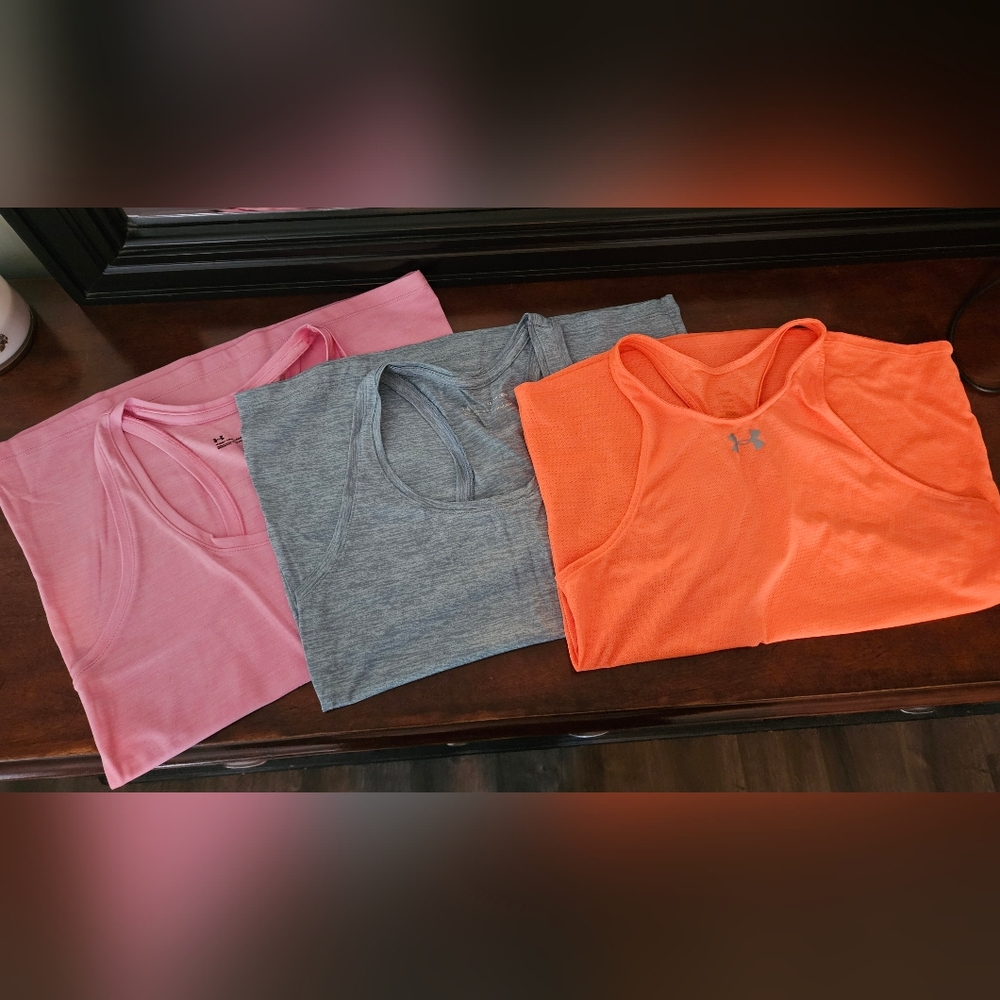 Under Armour Trio: Pink, Gray, and Orange Tanks